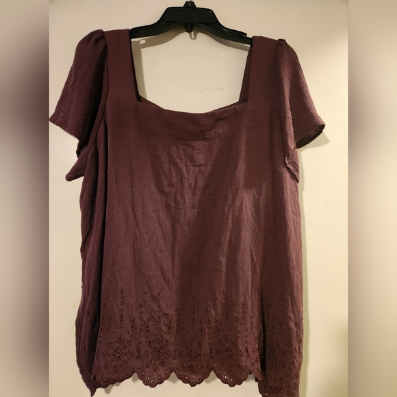 Torrid Deep Plum Color Ruffle Sleeve Buttoned Blouse - Picture 3 of 7